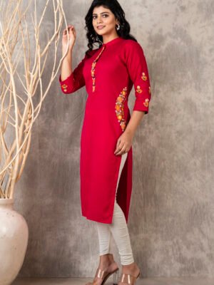 Suravi Handcrafted Red Kurti with Vibrant Floral Embroidery – Sleek Straight-Cut, Comfort Fit, No Color Fading – Versatile for Professional and Relaxed Settings