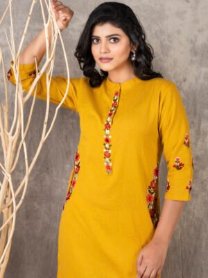 Suravi Handcrafted Sunshine Yellow Kurti with Intricate Thread Embroidery – Mandarin collar, Regular Fit, 0% Color Fading Guarantee – Ideal for Office and Casual Outings