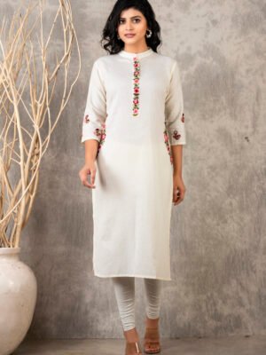 Suravi Handcrafted Off white Kurti with Intricate Thread Embroidery – Mandarin collar, Regular Fit, 0% Color Fading Guarantee – Ideal for Office and Casual Outings