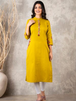 Suravi Handcrafted Lime Green Kurti with Intricate Thread Embroidery – Mandarin collar, Regular Fit, 0% Color Fading Guarantee – Ideal for Office and Casual Outings