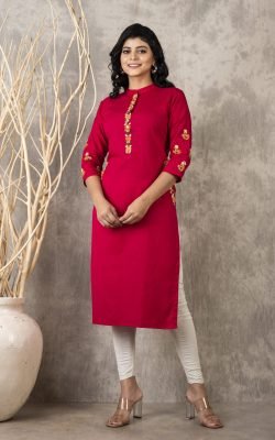 Suravi Handcrafted Red Kurti with Vibrant Floral Embroidery – Sleek Straight-Cut, Comfort Fit, No Color Fading – Versatile for Professional and Relaxed Settings