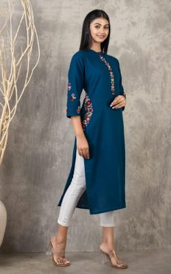 Suravi Exquisite Handcrafted Cotton Kurti– Artisan Elegance from Kolkata, Intricate Mirror and Hand-Embroidered Thread Work, folded arms, 0% toleranec for color fading