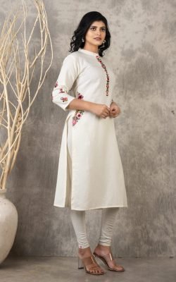 Suravi Handcrafted Off white Kurti with Intricate Thread Embroidery – Mandarin collar, Regular Fit, 0% Color Fading Guarantee – Ideal for Office and Casual Outings