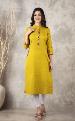 Suravi Handcrafted Lime Green Kurti with Intricate Thread Embroidery – Mandarin collar, Regular Fit, 0% Color Fading Guarantee – Ideal for Office and Casual Outings