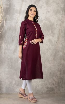 Suravi Handcrafted Maroon Kurti with Intricate Thread Embroidery – Mandarin collar, Regular Fit, 0% Color Fading Guarantee – Ideal for Office and Casual Outings